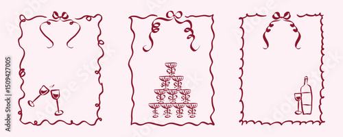 Hand drawn coquette frames. Vintage cute borders with ribbon and bow in simple crayon and whimsical style. Trendy art for bachelorette drink party and wedding invitations. Doodle vector illustration