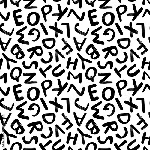 Hand painted letters vector seamless pattern in black and white, Hand written alphabet background