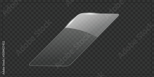 Angled floating diagonal transparent glass interface element with light shine on transparent background