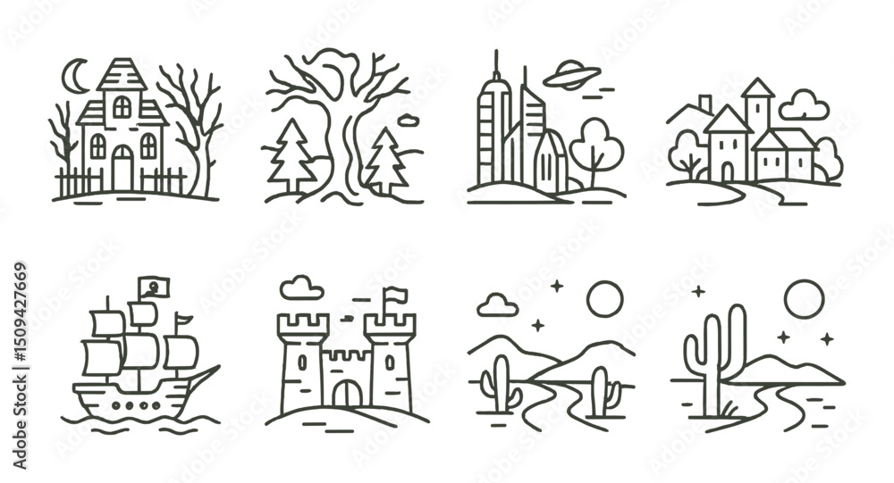 Storytelling silhouette icons set – scenery, landscape and nature illustrations Storytelling silhouette icons set – scenery, landscape and nature illustrations
