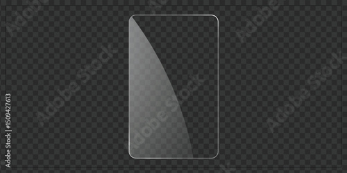 Tall vertical narrow glass panel with convex reflection and shine on transparent background