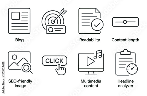 Content optimization icons set – linear, seo and multimedia enhancement symbols