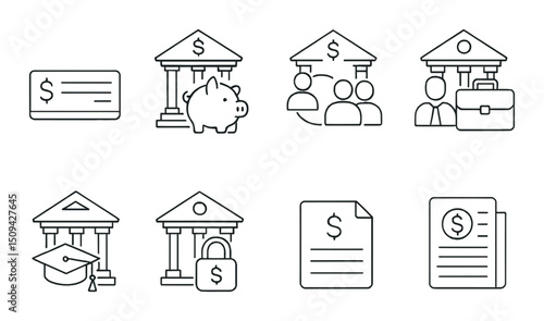 Bank account outline icons set – finance, currency, and savings symbols
