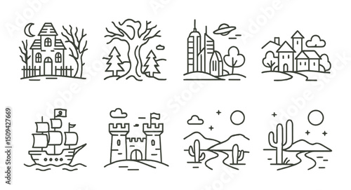 Storytelling silhouette icons set – scenery, landscape and nature illustrations
