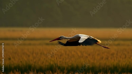 White Stork Flying Over Golden Field at Sunset – Wildlife in Motion

