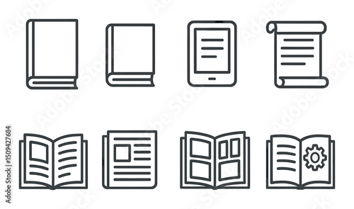 Reading and writing outline icons set – books, scrolls, digital reading symbols