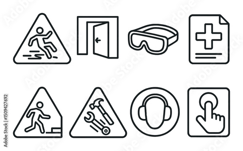 Workplace safety outline icons set – silhouette, protection and hazard symbols