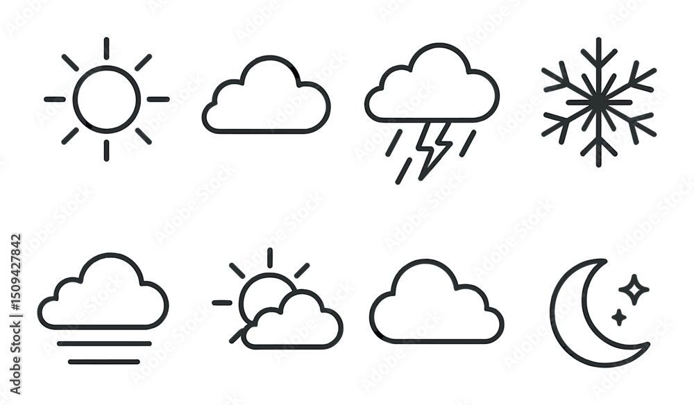 Weather and forecast linear icons set – outline, climate and meteorology symbols Weather and forecast linear icons set – outline, climate and meteorology symbols