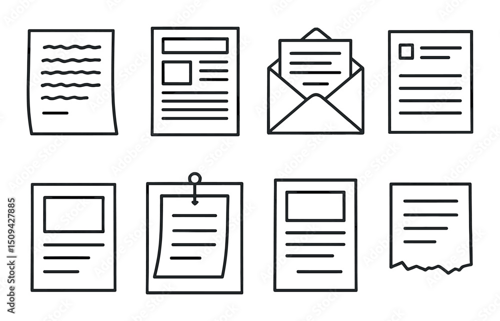 Paper communication silhouette icons set – outline, letter and document symbols Paper communication silhouette icons set – outline, letter and document symbols