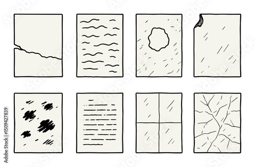 Damaged paper icon set - outline, torn and crumpled sheet symbols