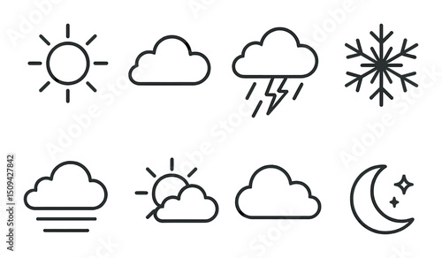 Weather and forecast linear icons set – outline, climate and meteorology symbols