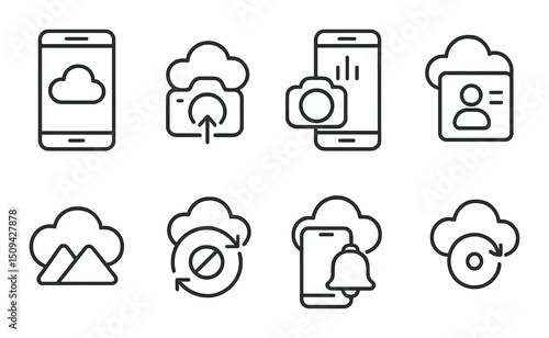 Cloud sync outline icons set – data transfer, synchronization, storage symbols