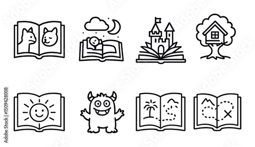 Children's story silhouette icons set – fantasy, fairy tale and bedtime symbols
