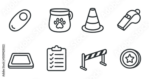 Pet training gear icons set – silhouette, animal, obedience tools and aids symbols