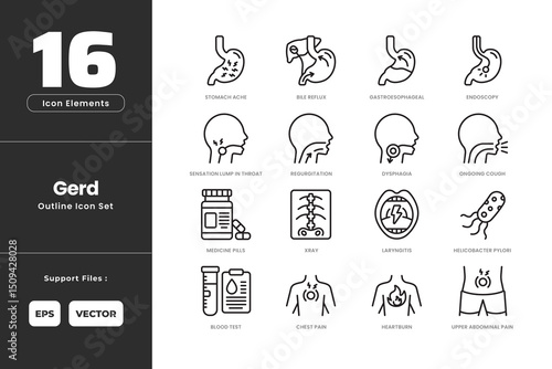 GERD Icon Set Collection - Outline Line Art Style. Containing Bile Acid Reflux, Blood Test, Chest Pain, Dysphagia, Endoscopy, Gerd, Heartburn, Helicobacter Pylori, Laryngitis, Medicine Pills, Cough.