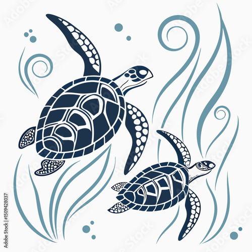 "Abstract Turtle Pair – Oceanic Mandala Line Art"

