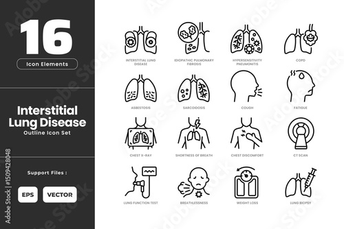 Interstitial Lung Disease Icon Set Collection - Outline Line Art. Containing Asbestosis, Breathless, Chest Discomfort, Chest X-ray, COP, Cough, Idiopathic Pulmonary Fibrosis, Fatigue, Hypersension.