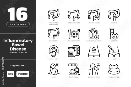 Inflammatory Bowel Disease Icon Set Collection - Outline Line Art Style. Containing Abdominal Pain, Blood in Stool, Blood Test, Colonoscopy, Crohn's Disease, Diarrhea, Enteral Nutrition, Fatigue.