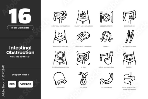 Intestinal Obstruction Icon Set Collection - Outline Line Art Style. Containing Abdominal Swelling, Barium Enema, Bowel Xray, Colon Cancer, Constipation, Crampy Abdominal Pain, Hernia, Bowel Movement.
