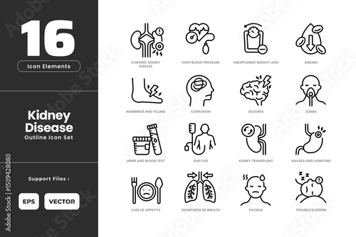 Kidney Disease Icon Set Collection - Outline Line Art Style. Containing Fatigue, Trouble Sleeping, Urine and Blood test, Dialysis, Kidney Transplant, Nausea and Vomiting, Numbness, Confusion, Seizures