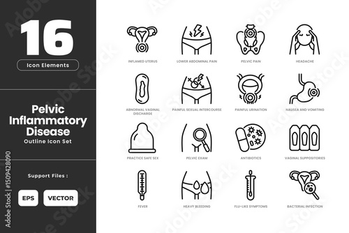 Pelvic Inflammatory Disease Icon Set Collection - Outline Line Art Style. Containing Vaginal Discharge, Antibiotics, Bacterial Infection, Headache, Heavy Bleeding, Inflamed Uterus, Abdominal Pain.