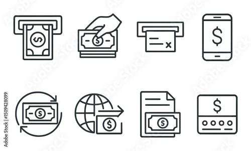Banking transactions linear icons set – outline, financial and payment symbols