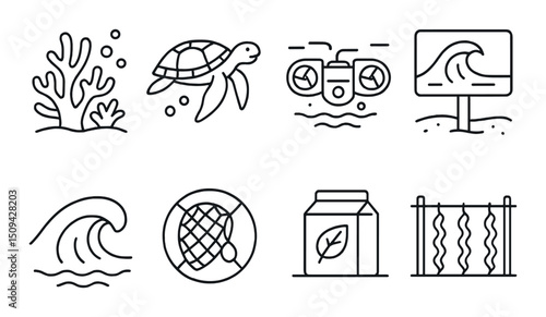 Ocean conservation outline icons set – marine, sustainability, ecological symbols