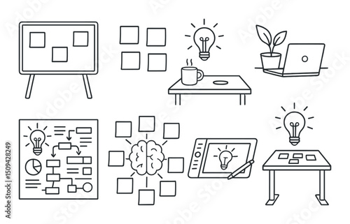 Creative workspace outline icons set – innovation, office and productivity elements