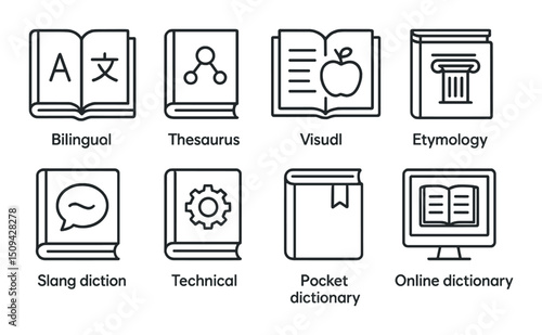 Dictionary and language linear icons set – outline, glossary and thesaurus symbols