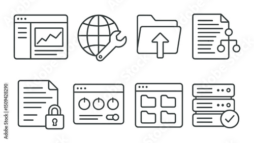 Web hosting outline icons set – online, server, and network technology symbols