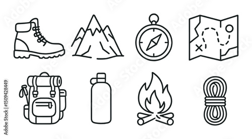 Adventure gear icons set – silhouette, camping, and hiking essentials symbols