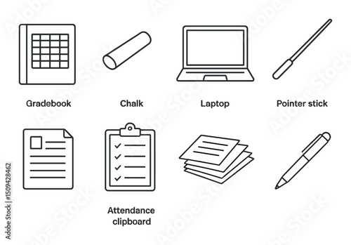 Teacher tools silhouette icons set – educational, classroom, learning resources symbols