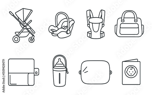 Baby travel essentials outline icons set – simple, minimalist and parenting symbols