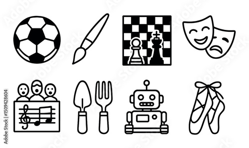 Extracurricular activities line icons set – outline, hobbies and afterschool pursuits symbols