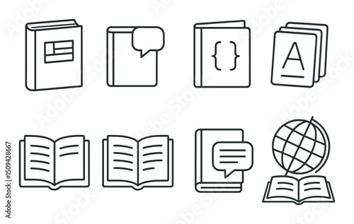Language learning icons set – outline, education and communication symbols