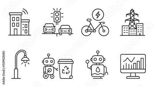 Smart city outline icons set – linear, urban elements and futuristic design symbols