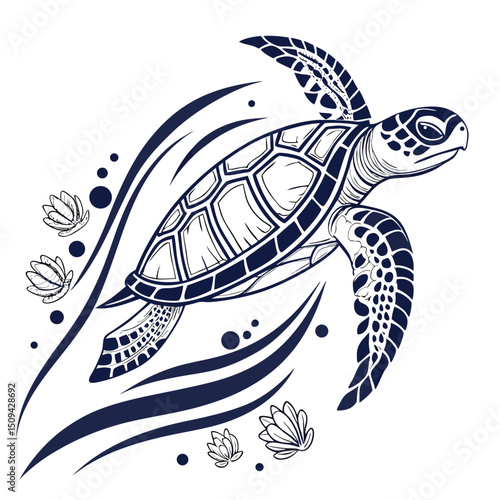 "Tribal Turtle Illustration – Aquatic Animal with Waves"

