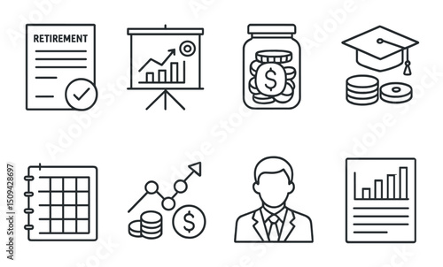 Financial planning outline icons set – investment, savings and strategy symbols