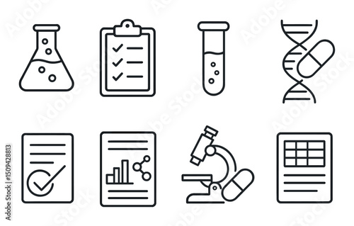 R&d drug outline icons set – silhouette, medical and research laboratory symbols
