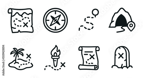 Adventure and navigation silhouette icons set – journey, exploration and discovery graphics