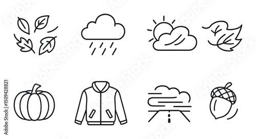 Autumn weather silhouette icons set – outline, seasonal change and fall symbols