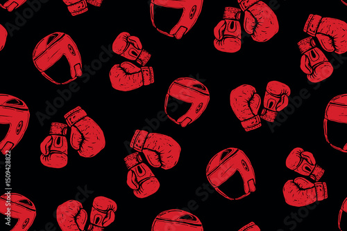 Sport seamless pattern with Red boxing equipment, boxing gloves and headgear helmet on black background. Combat sport hand-drawn ornament for boys fashion, streetwear textile