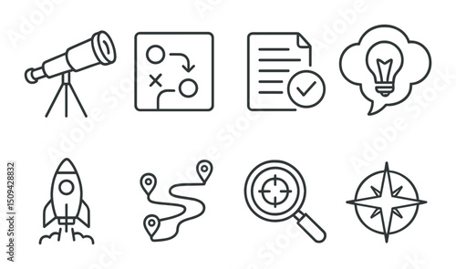 Entrepreneurial outline icons set – startup, innovation, business growth symbols