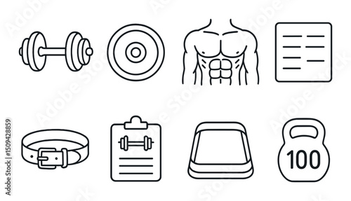 Strength training outline icons set – silhouette, gym and fitness equipment symbols
