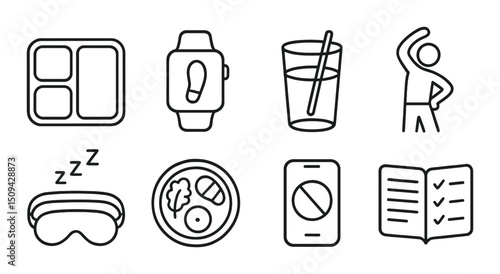 Healthy habits outline icons set – simple, wellness and lifestyle activity symbols