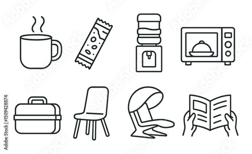 Office break essentials outline icons set – simple, refreshment and leisure symbols