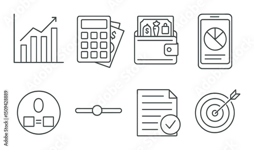 Budgeting and finance linear icons set – outline, financial planning and money management