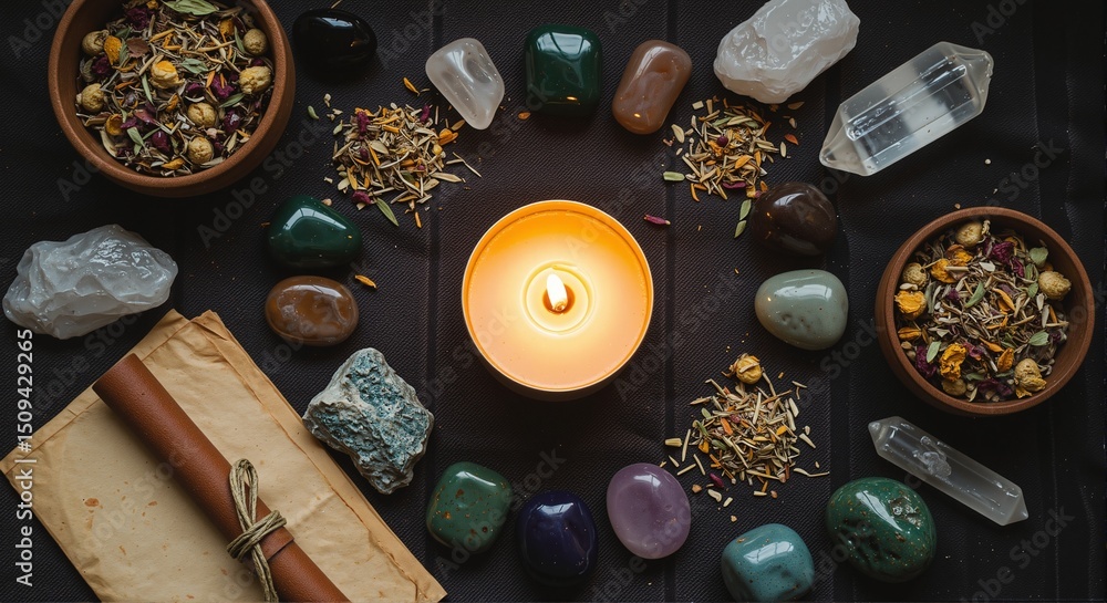 Illuminated candle surrounded by crystals and herbal ingredients for scrying rituals Illuminated candle surrounded by crystals and herbal ingredients for scrying rituals