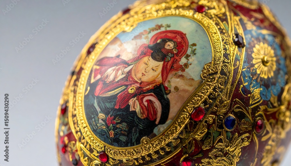 Fototapeta premium Ornate decorative egg with a detailed portrait, accented by gold trim colorful gems. Ideal for themes of artistry, luxury, collectibles, holiday tradition.
