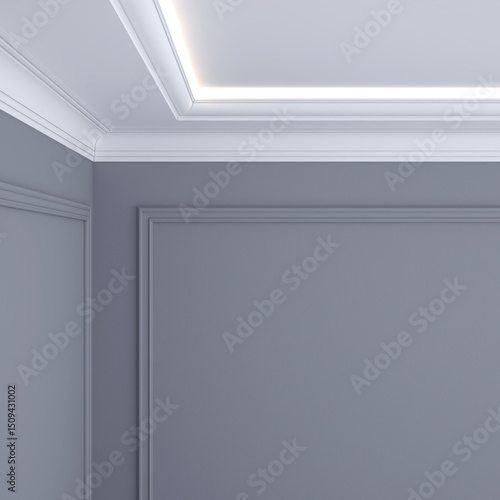 Part of the interior with cornices on the ceiling and walls. 3D render.